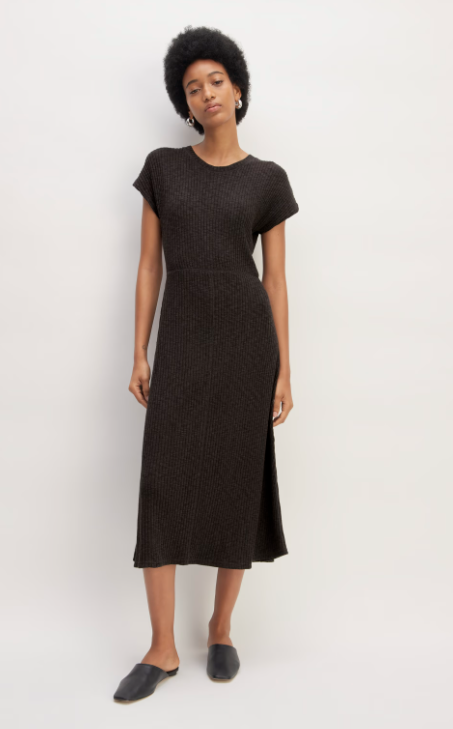 Rib Knit Cap-Sleeve Midi Dress